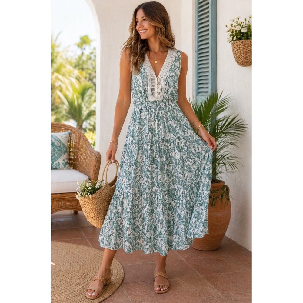 J Gee Women's XL Boho Paisley Midi Dress White Green Smoked Crochet Trim Stretch